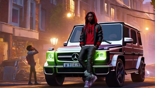 3D miles morales with dreadlocks and diamond jewelry standing beside a Mercedes G wagon