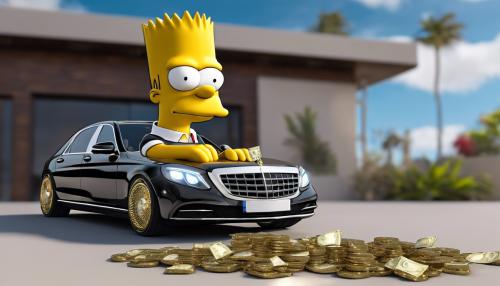 African American bart Simpson wearing gucci with diamond chains and stacks of money beside a mercedes maybach