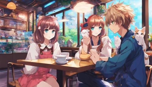 Dreamy scifi girl meet a cute boy at a cat cafe