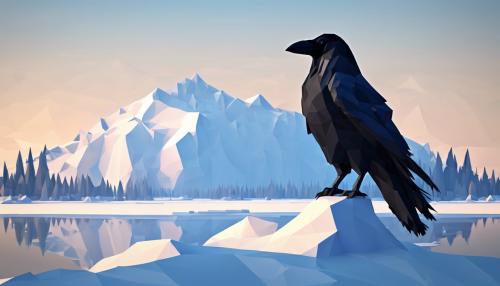 A raven on snow ice covered lake watching the over the forested mountain crest