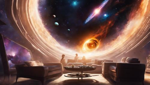 A galaxy being sucked into a super massive black hole while alien watch from a couch floating in space