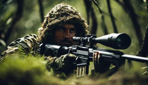 A sniper in a ghilli suit camouflaged 