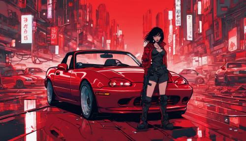 red 1990 miata and girl with a machine gun  in a cyberpunk city 