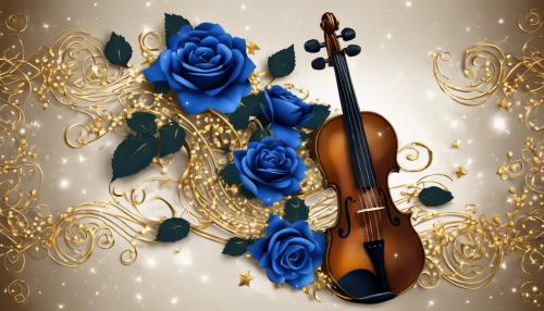 violin entwined with blue roses navy blue background with golden stars