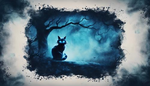 background, tree with blue smoke in front, dark atmosphere with cheshire cat