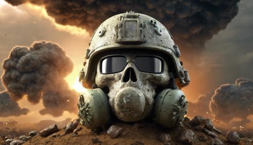 Cool brootal army combat helmet wearing skull with nuclear blast mushroom cloud in background