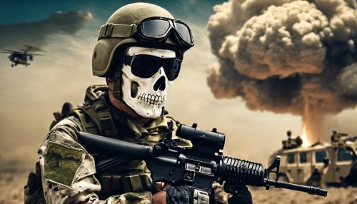 White Bone skull face. with aviator sunglasses. wearing combat helmet with multicam cover and ace of spade card strapped to helmet. Nuclear mushroom cloud in background. Crossed M4 assault rifles under skull. 