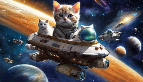 cats riding spaceships in space