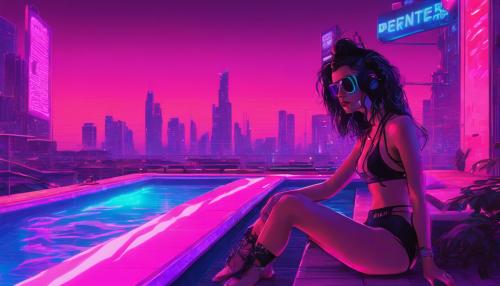 neon, purple, pool, city, brunette, bikini,