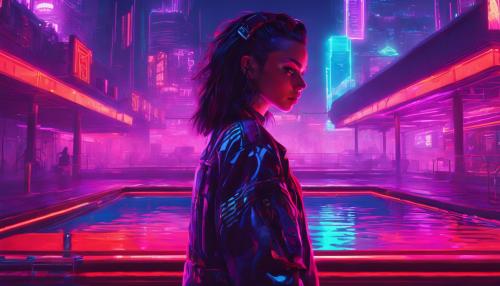 Brunette, neon, Cyberpunk, red, purple, city, pool, lights, electric, not blurry