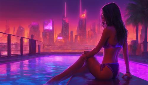 Neon, brunette, pool, city, sunset, Cyberpunk, red, purple, lights, non blurry, bikini