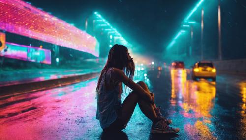 Girl on highway at night rain neon lights