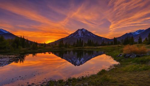 orange sunset over a mountain with a pond