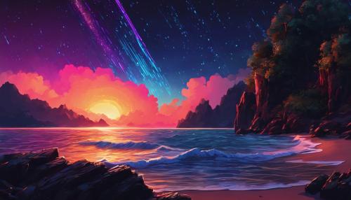 A neon meteor shower over the ocean at night