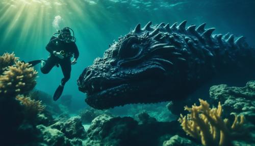 underwater diver beside sea monster