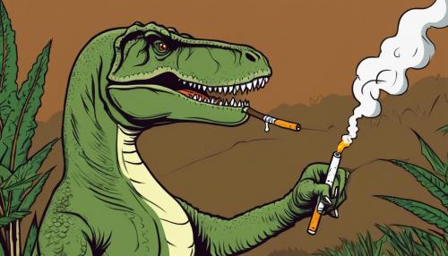 a happy Jamaican tyrannosaurus rex smoking a joint 