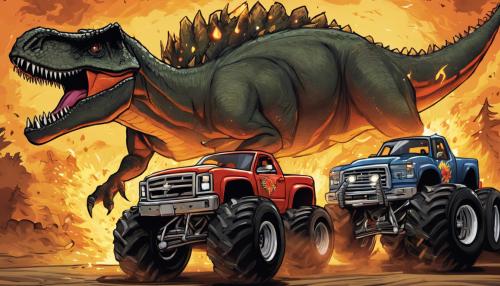 a dinosaur driving a monster truck with fire and lightning 