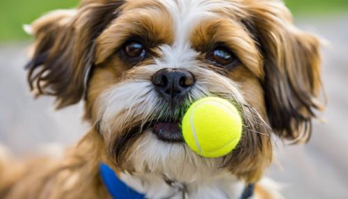 Light brown shih tzu mix dog with blue collar playing with yellow tennis ball