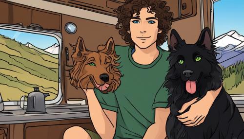 Brown curly haired blue eyed man. Brown Wavy haired blue eyed woman. All black cat with green eyes. Tan boxer dog with brown eyes. All in front of a motorhome in the mountains.