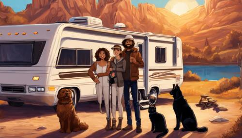 Brown curly haired couple with black cat and brown dog in front of an rv.