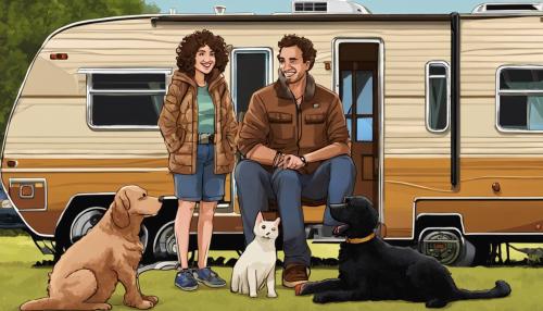 Brown curly haired man and brown curly woman with one black cat and one tan dog in front of an rv.