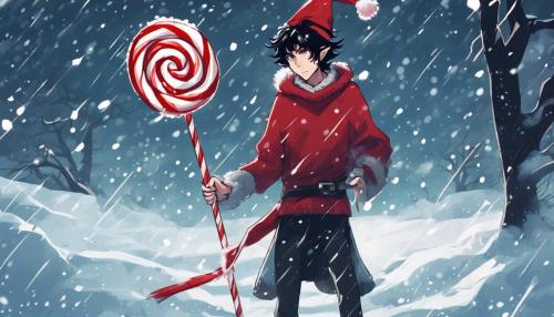 very tall, skinny man with messy black hair wearing an old red sweater and an elf hat and pointy black shoes, holding a candy cane as a sword flying through a heavy snowstorm with snow falling in front of the camera, aesthetic, cold colors, anime art style