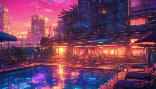 City, bikini, pool, neon, sunset, cyberpunk, tan, lights, non blurry