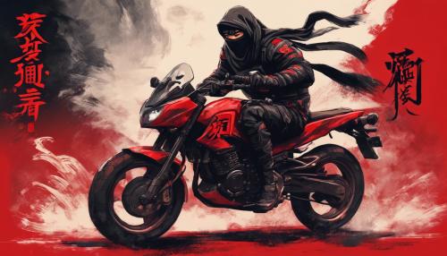 Ninja on a motorcycle , posing with a gun . Red background with Chinese letters black hairy