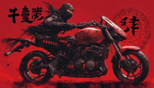 Ninja on a motorcycle , posing with a gun . Red background with Chinese letters black hairy