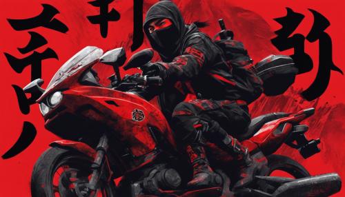 Ninja on a motorcycle , posing with a gun . Red background with Chinese letters black hairy