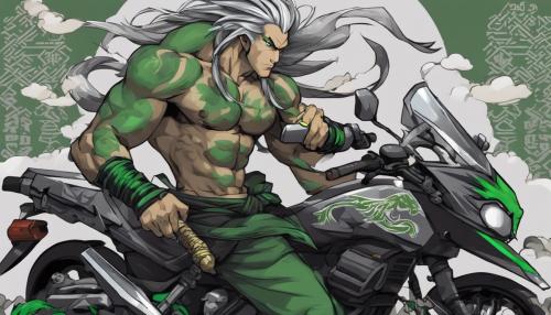 Shirtless ninja with grey hair and muscles , holdind sword on a motorcycle. Black and grey background Chinese letters. Lion , green snake , eagle and vulture in the background 