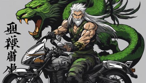 Shirtless ninja with grey hair and muscles , holdind sword on a motorcycle. Black and grey background Chinese letters. Lion , green snake , eagle and vulture in the background 