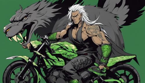 Shirtless ninja with grey hair and muscles , holdind sword on a motorcycle. Black and grey background Chinese letters. Lion , green snake , eagle and vulture in the background 