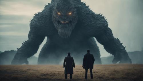 Man standing alone in front of a giant monster