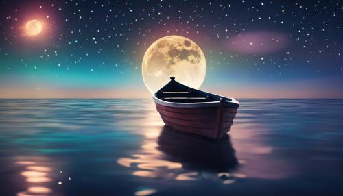 A small boat on a calm reflective ocean with a colorful moon and stars in the background