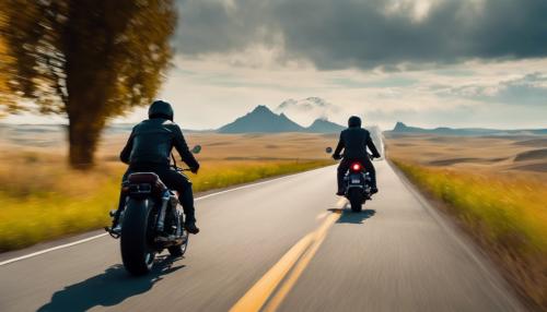 Bikers riding their motorcycles toward a giant monster in the distance