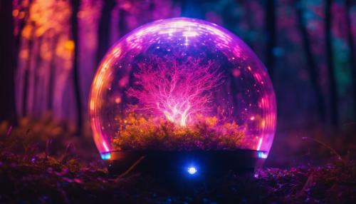 A plasma ball floating in a colorful forest at night