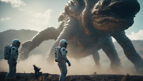 Astronauts discovering a massive alien creature in outerspace 