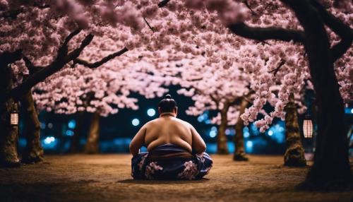 A sumo wrestler under cherry blossom tree in Japan at night