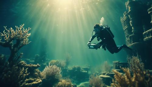 A diver discovering a beautiful  underwater city, deep in the ocean