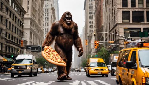 Bigfoot walking through New York city eating a slice of pizza 