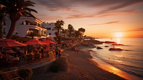 Sunset over a Spanish beach, with authentic restaurants.