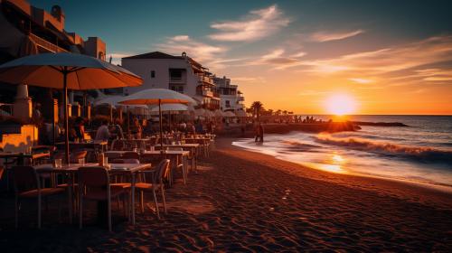 Sunset over a Spanish beach, with authentic restaurants.