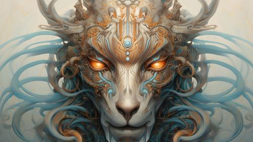 alien cyborg art and illustration by theo el, in the style of balanced symmetry, light orange and cyan, detailed facial features, manticore, organic forms, muted tones, meticulous portraiture, complex patterns