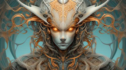 alien cyborg art and illustration by theo el, in the style of balanced symmetry, light orange and cyan, detailed facial features, manticore, organic forms, muted tones, meticulous portraiture, complex patterns