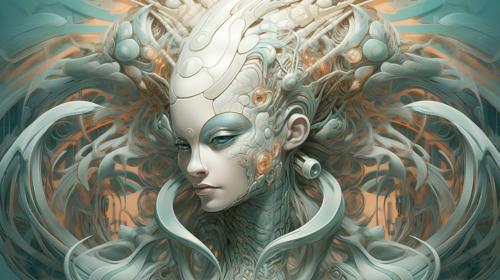 alien cyborg art and illustration by theo el, in the style of balanced symmetry, light orange and cyan, detailed facial features, manticore, organic forms, muted tones, meticulous portraiture, complex patterns