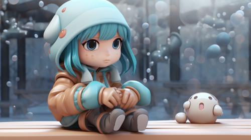 kuhia kawaii character on ice bench, in the style of hyper-realistic sci-fi, vray tracing, alan bean, hikari shimoda, teal and beige, cute and dreamy