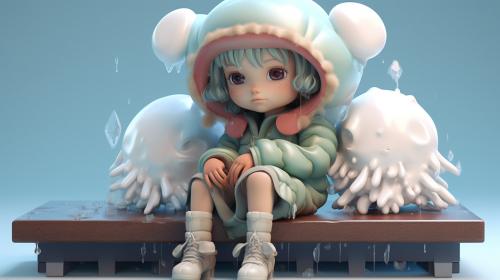 kuhia kawaii character on ice bench, in the style of hyper-realistic sci-fi, vray tracing, alan bean, hikari shimoda, teal and beige, cute and dreamy