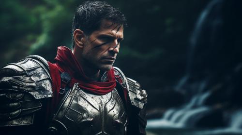 Roman knight in Spartan armor close-up, in the Amazon River Gorge, against a waterfall, 8k ultra realistic, photorealistic, photography lighting, reflection mapping, ultra detailed, photorealistic, cinematic, movie quality rendering, vfx post production, rtx ray tracing lighting