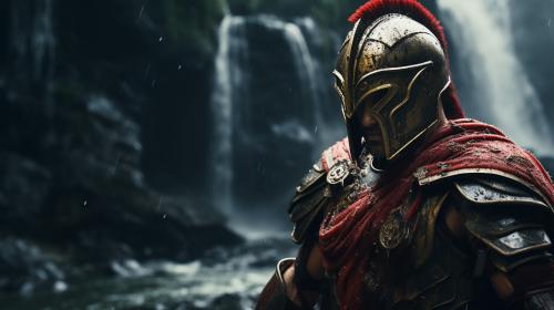 Roman knight in Spartan armor close-up, in the Amazon River Gorge, against a waterfall, 8k ultra realistic, photorealistic, photography lighting, reflection mapping, ultra detailed, photorealistic, cinematic, movie quality rendering, vfx post production, rtx ray tracing lighting